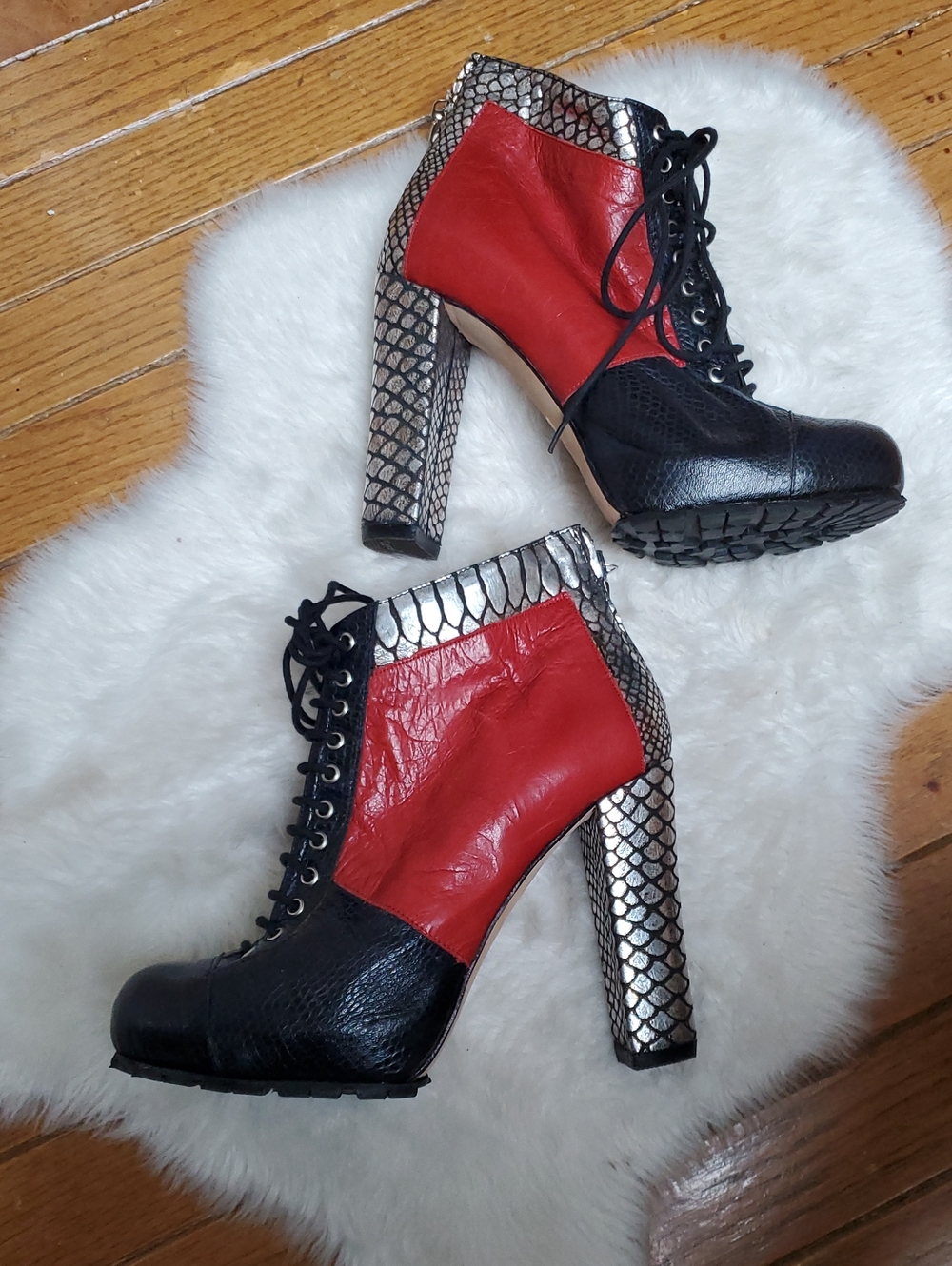 Vibram Red, Black & Silver Lace-Up High Heel Booties